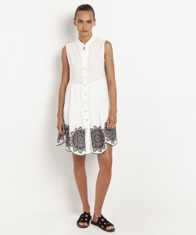 Greek Archaic Kori Linen Embroidered Daisy Sleeveless Dress