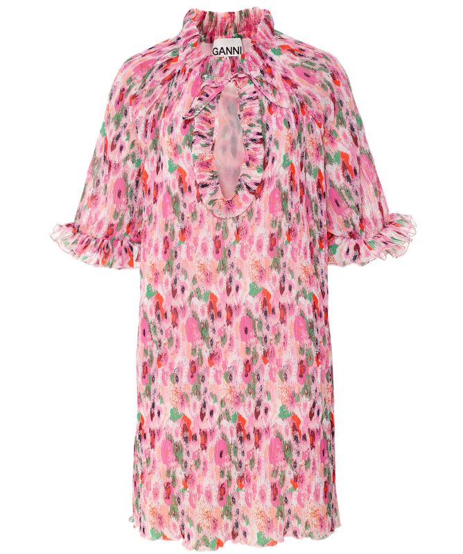 GANNI Pleated Georgette Ruffle Mini Dress
