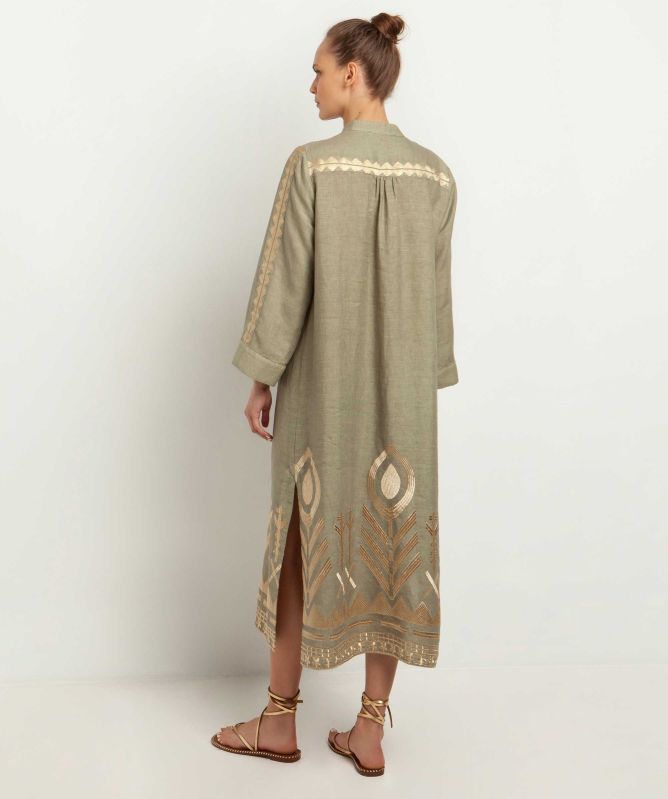 Greek Archaic Kori Linen Feather Midi Dress