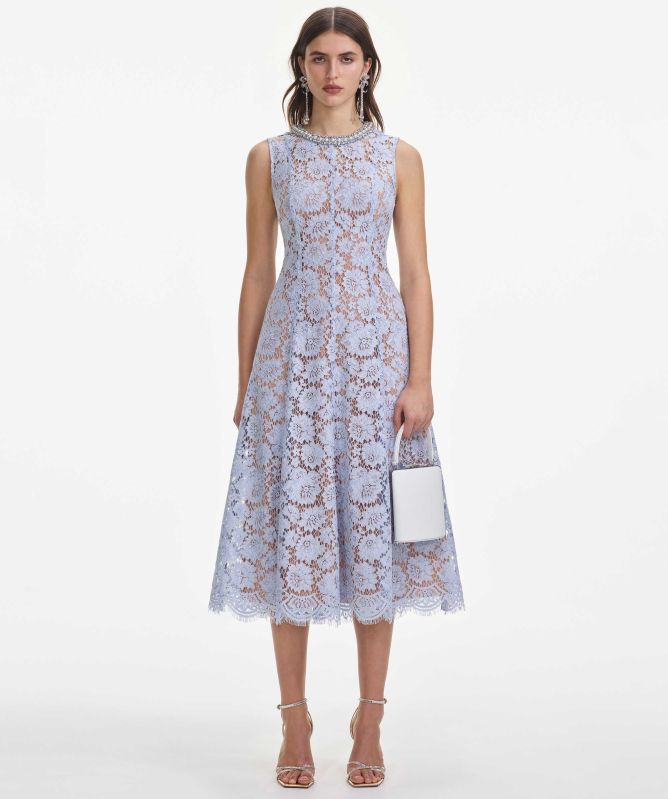 Self-Portrait Blue Fine Lace Pearl Midi Dress