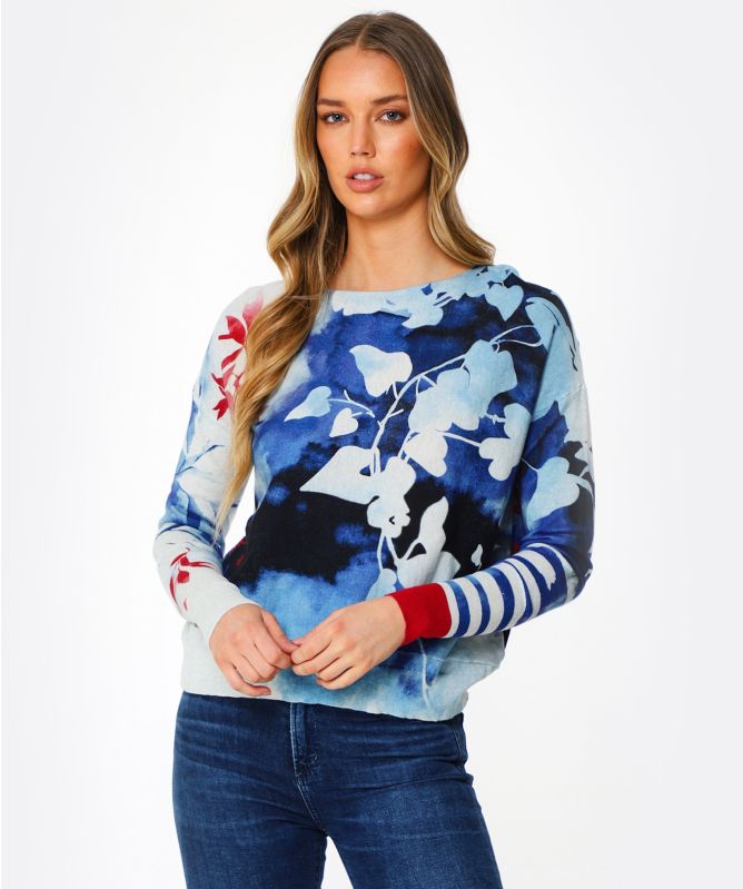 High Illustrative Leaf Print Lightweight Sweater