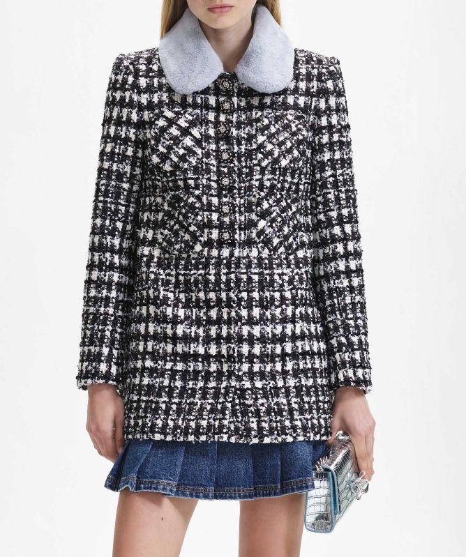 Self-Portrait Check Boucle Faux Fur Collar Jacket