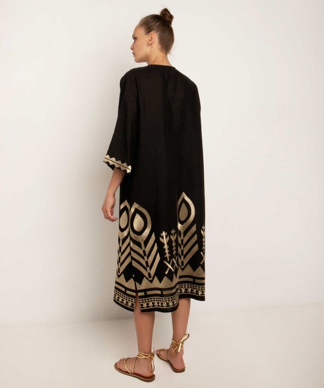 Greek Archaic Kori Feather Embroidered Midi Dress