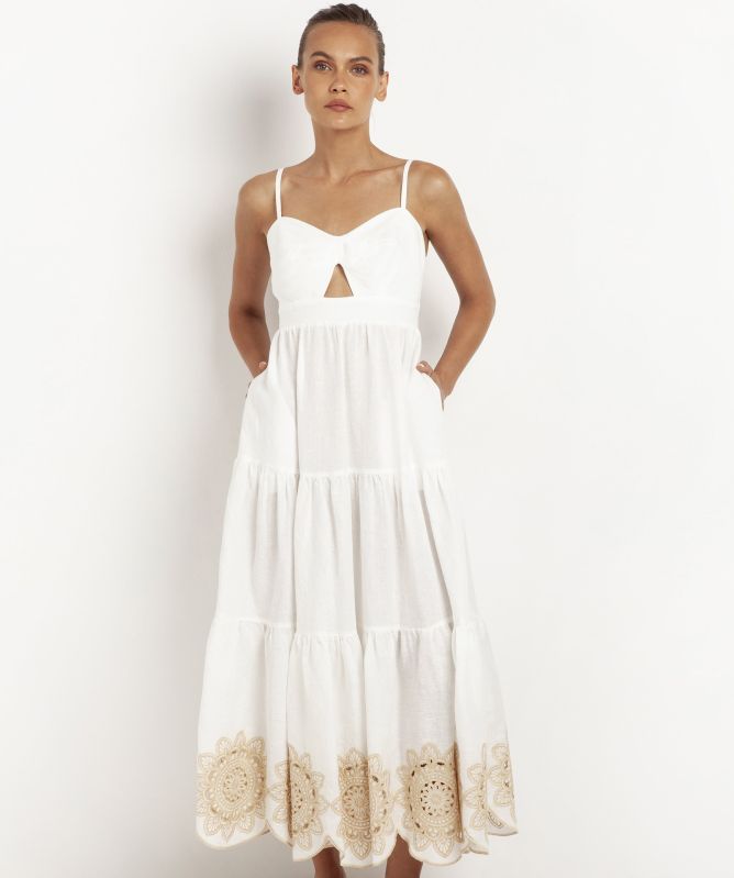 Greek Archaic Kori Linen Daisy Cutout Embroidered Dress