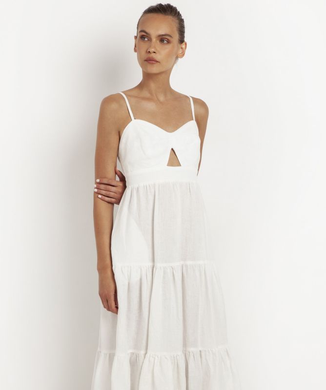 Greek Archaic Kori Linen Daisy Cutout Embroidered Dress