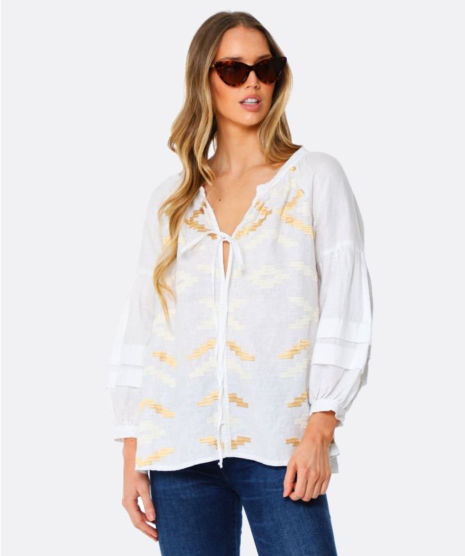 Greek Archaic Kori Rhombus Embroidered Linen Top