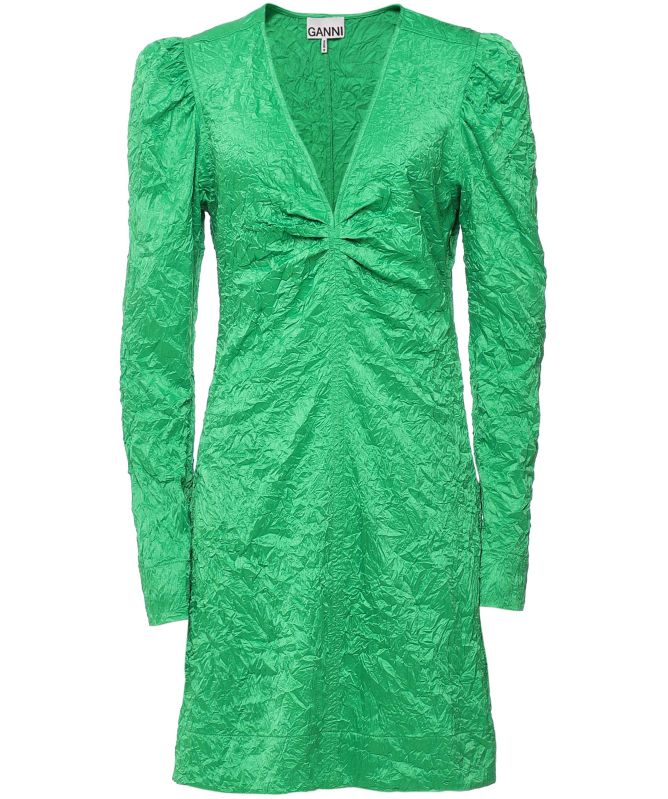 green emerald velvet dress Ganni // Ruched Crinkle Dress  VSP Consignment