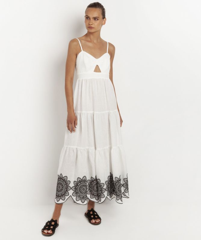 Greek Archaic Kori Linen Daisy Cutout Embroidered Dress