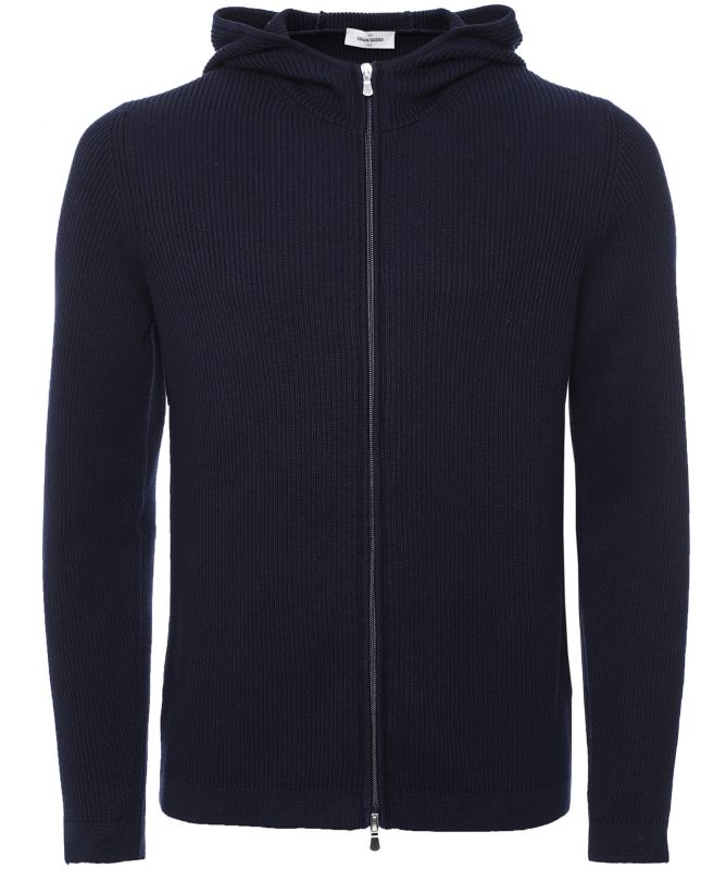 Gran Sasso Navy Cotton Rib Knit Hooded Cardigan | Jules B
