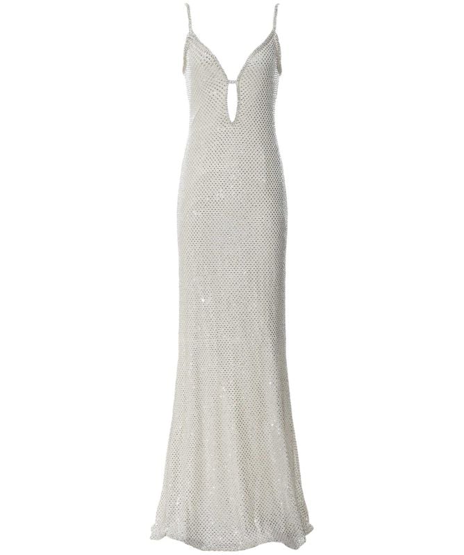 Self-Portrait Cream Square Rhinestone Fishnet Maxi Dress