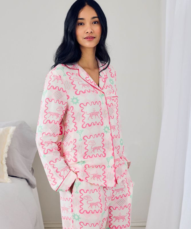 Chelsea Peers Cocktail Leopard Geo Print Long Pajamas