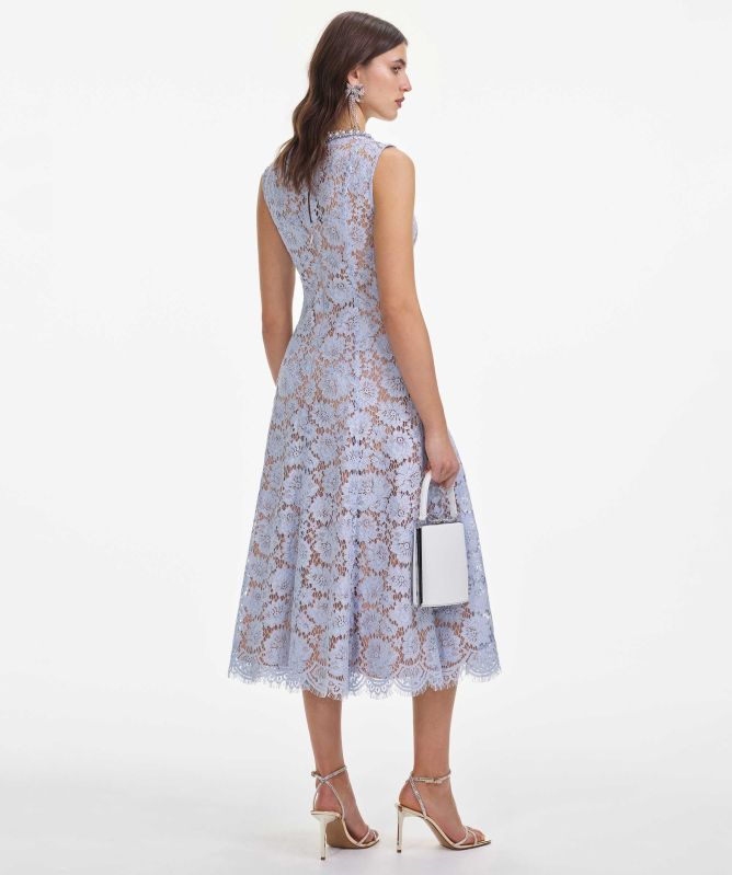 Self-Portrait Blue Fine Lace Pearl Midi Dress