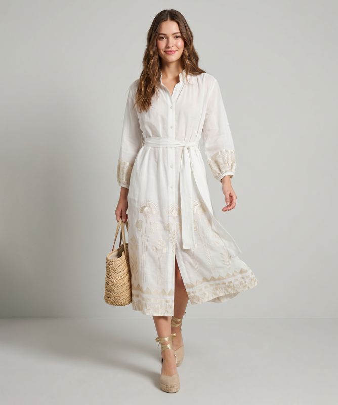 Greek Archaic Kori Papyrus Embroidered Shirt Dress