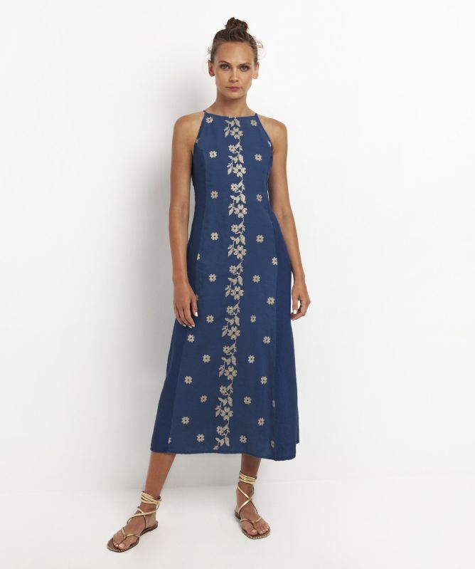 Greek Archaic Kori Linen Daisy Embroidered Midi Dress