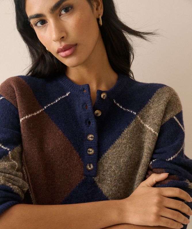 Nobody's Child Argyle Ribbed Trim Henley Sweater
