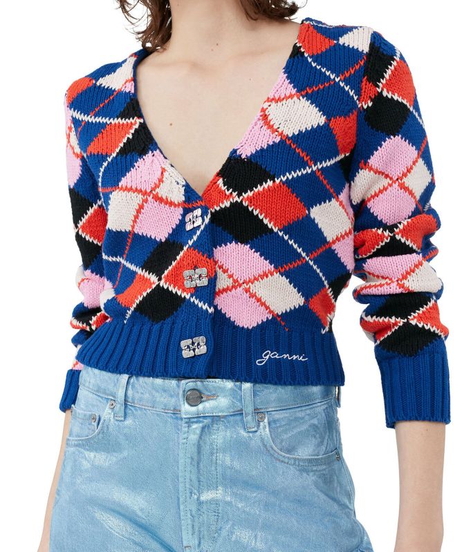 GANNI Organic Cotton Argyle Cardigan