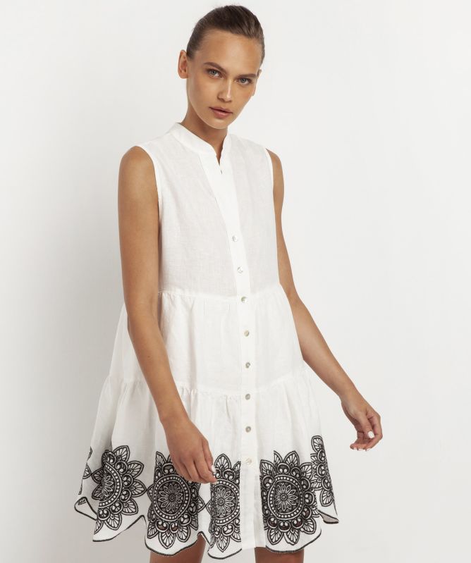 Greek Archaic Kori Linen Embroidered Daisy Sleeveless Dress