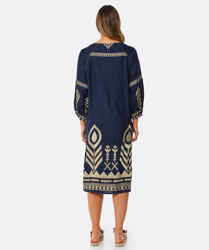 Greek Archaic Kori Embroidered Linen Long Sleeve Midi Dress