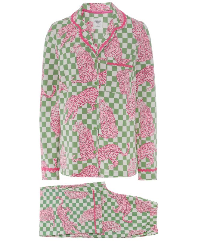 Chelsea Peers Checkerboard Leopards Print Long Pajamas