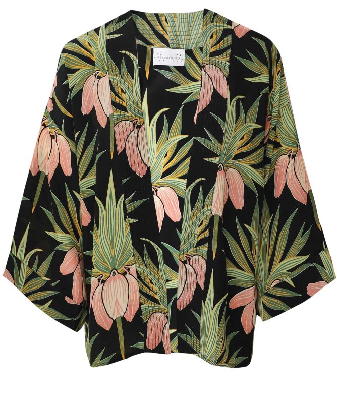 One Hundred Stars Deco Bud Black Crepe Kimono