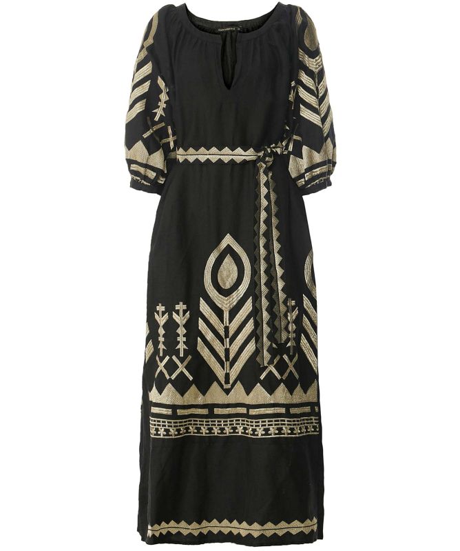 Greek Archaic Kori Feather Puff Sleeve Midi Dress