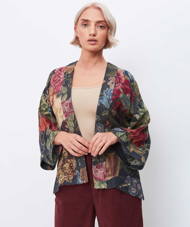 One Hundred Stars Primula Black Wool Kimono