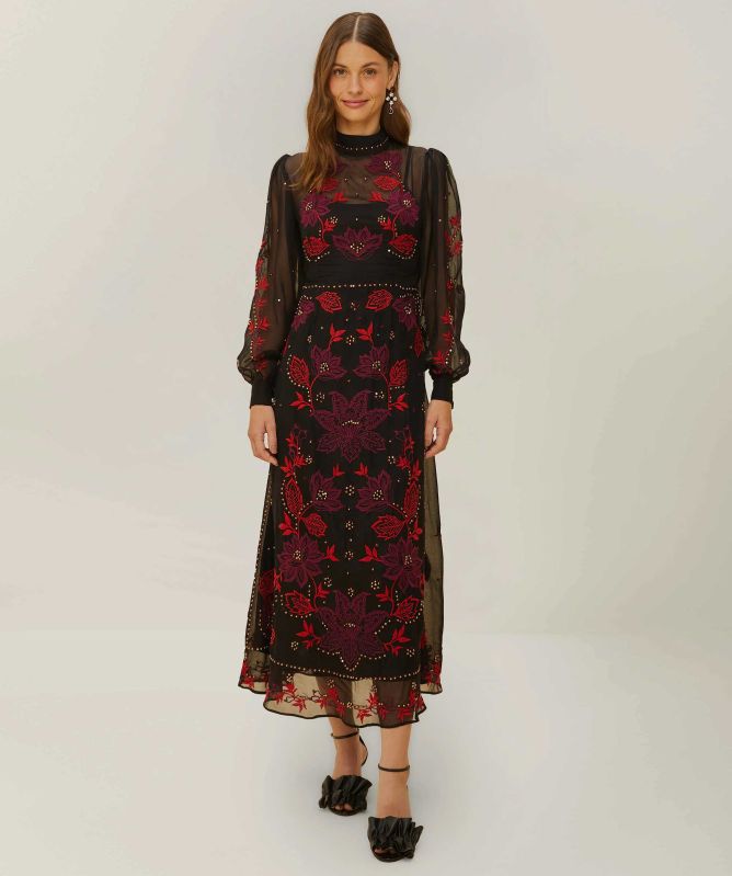 FARM Rio Organza Long Sleeve Midi Dress