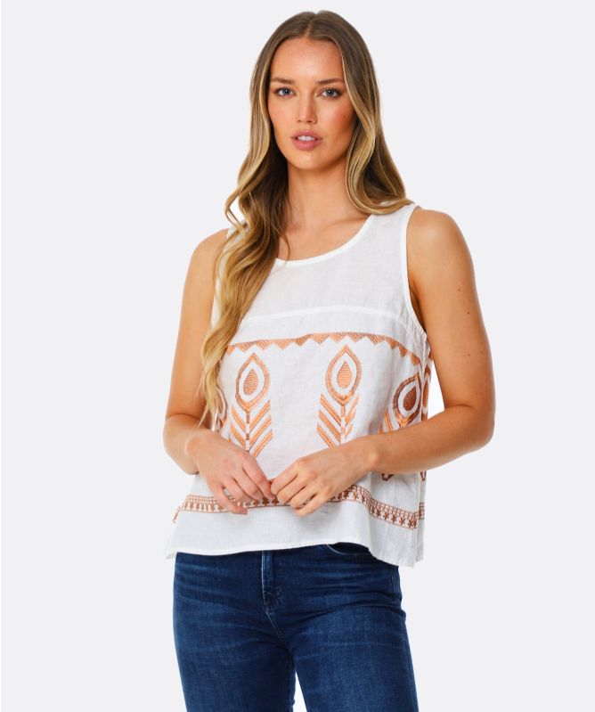 Greek Archaic Kori Linen Embroidered Vest Top