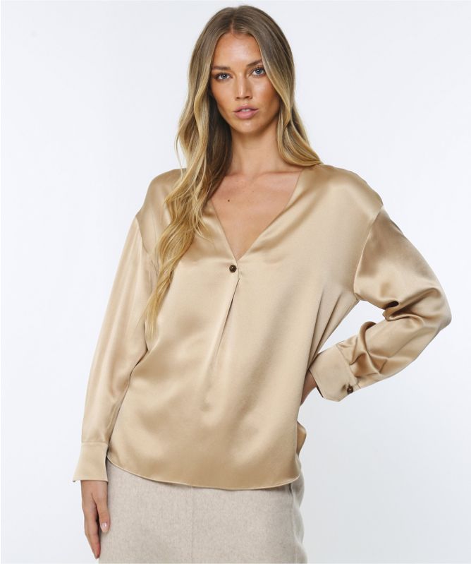 Silk V-Neck Ball Button Blouse