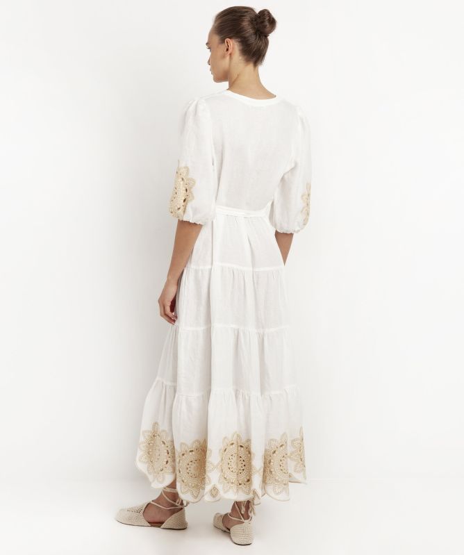 Greek Archaic Kori Linen Embroidered Daisy Midi Dress