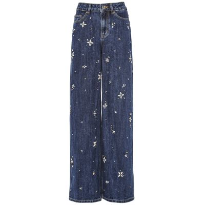 Blue Embellished Wide Leg Jeans