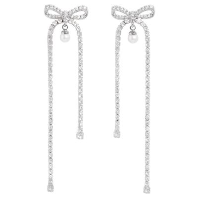 Crystal Bow Pearl Dangle Earrings