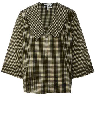 Gingham Seersucker V-Neck Blouse