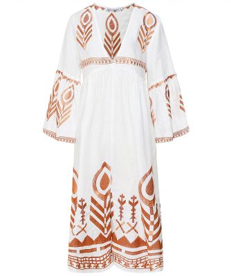 Embroidered Linen V-Neck Midi Dress