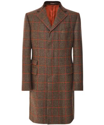 J. Blades Men's Brown Virgin Wool Windowpane Check Overcoat