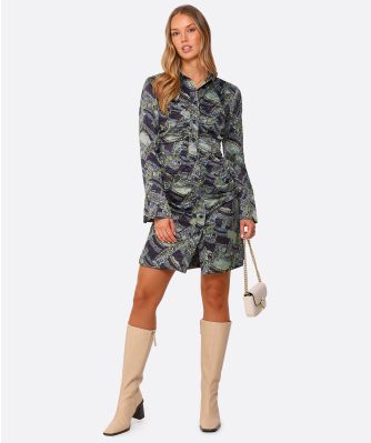 Crinkled Satin Midi Shirt Dress