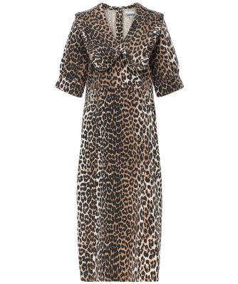 GANNI Women's Denim Leopard Print Midi Dress