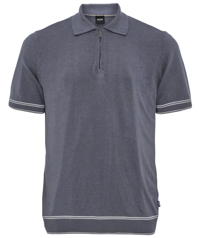 BOSS Zipper Neck Linen Blend Polo