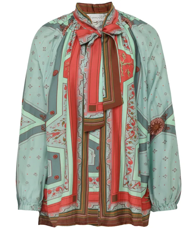 One Hundred Stars Fleur De Lys Aqua Pussybow Blouse