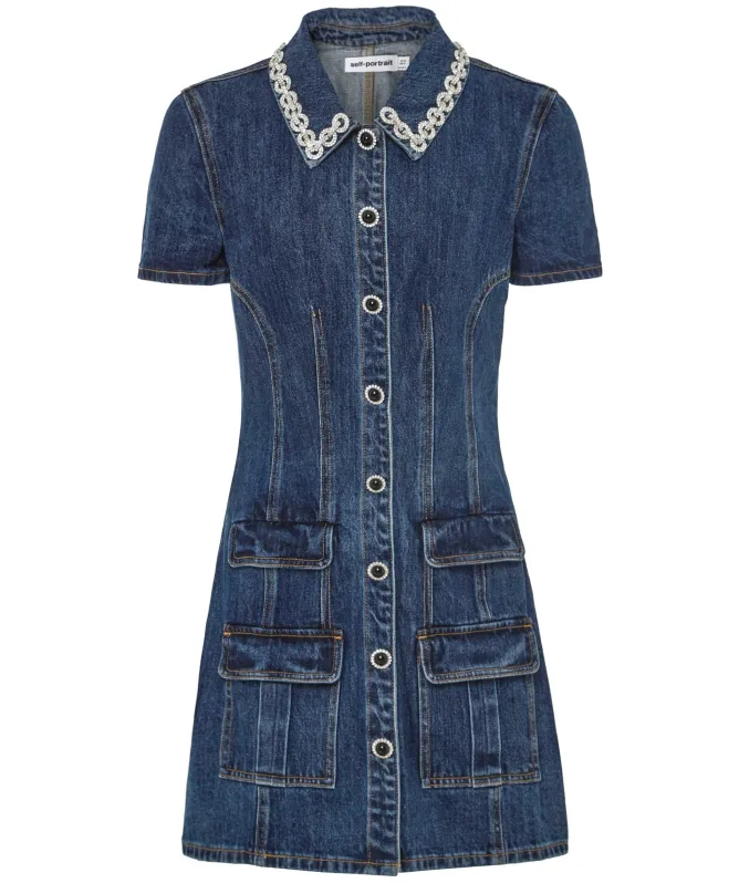 Self-Portrait Denim Crystal Trim Collared Mini Dress