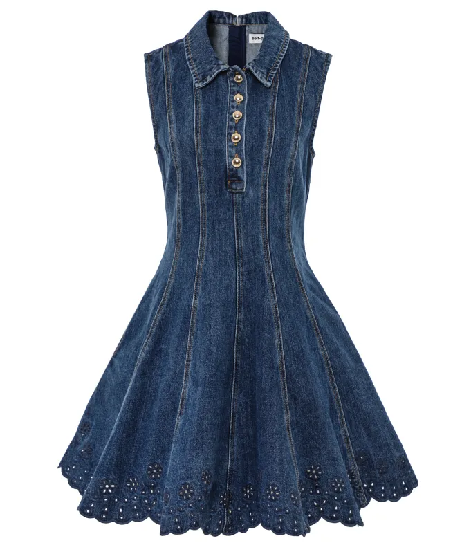 Self-Portrait Denim Broderie Mini Dress