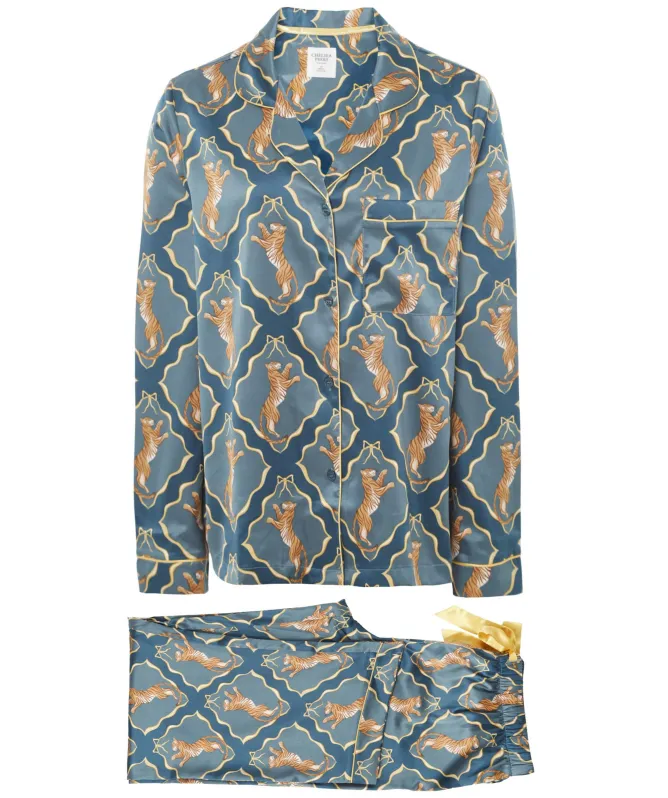 Chelsea Peers Satin Gilded Tiger Print Long Pyjamas