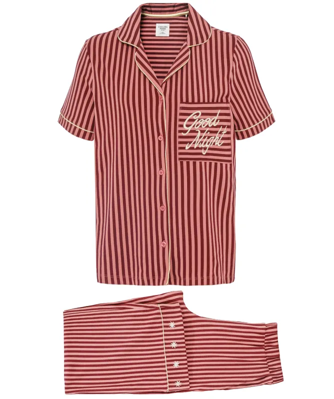 Chelsea Peers Embroidered Good Night Stripe Long Pajamas