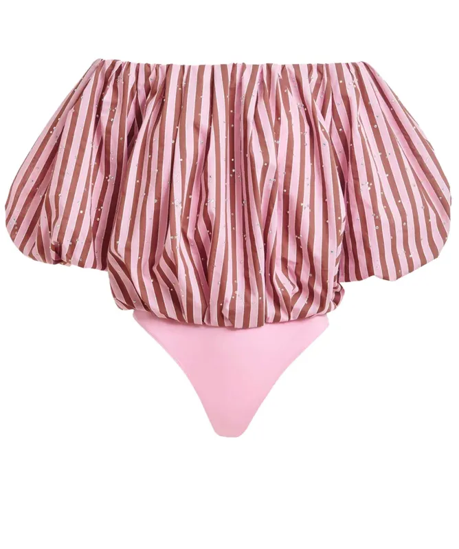 Essentiel Antwerp Rhinestone Gathered Puff Sleeve Bodysuit