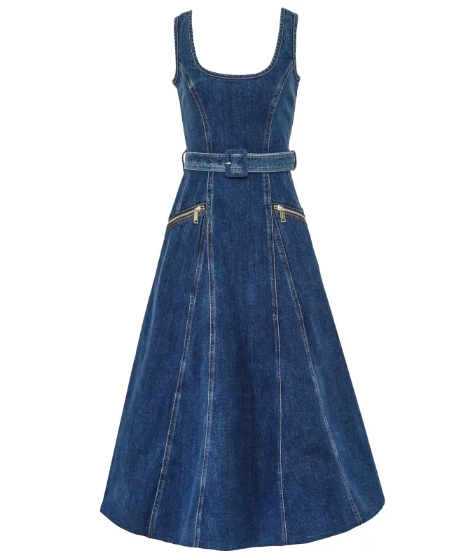 Self-Portrait Denim Flared Belted Midi Dress