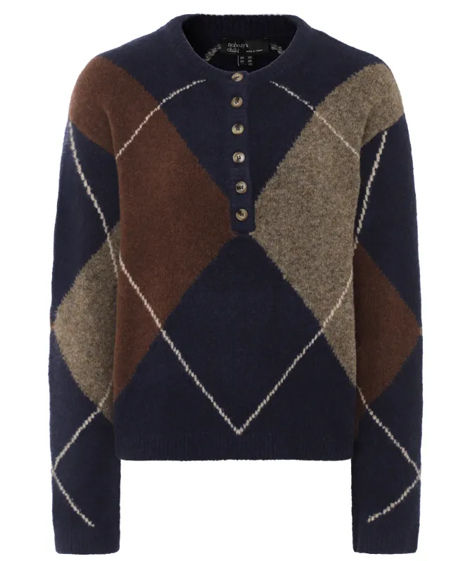 Nobody's Child Argyle Ribbed Trim Henley Sweater