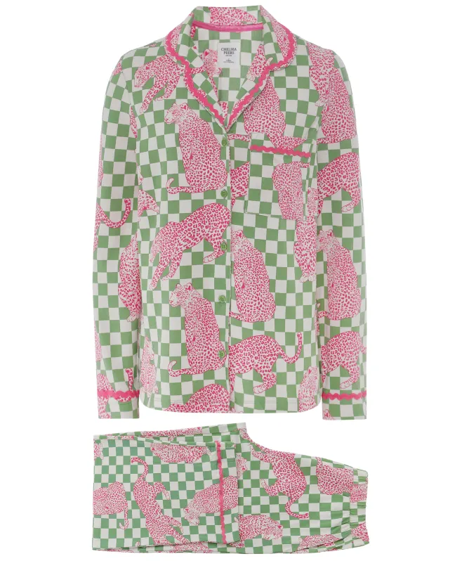 Chelsea Peers Checkerboard Leopards Print Long Pajamas