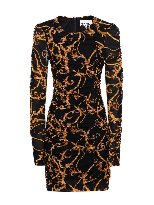 【関税込み】GANNI ブラック Ruched Mesh ミニワンピース Ganni Ruched Mini Dress - Black | Garmentory