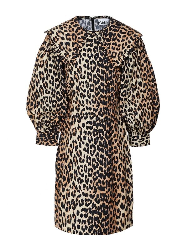 ワンピース GANNI LEOPARD PRINT COTTON POPLIN MINI DRESS Ganni Brown Leopard Print Cotton Poplin Mini Dress | Jules B