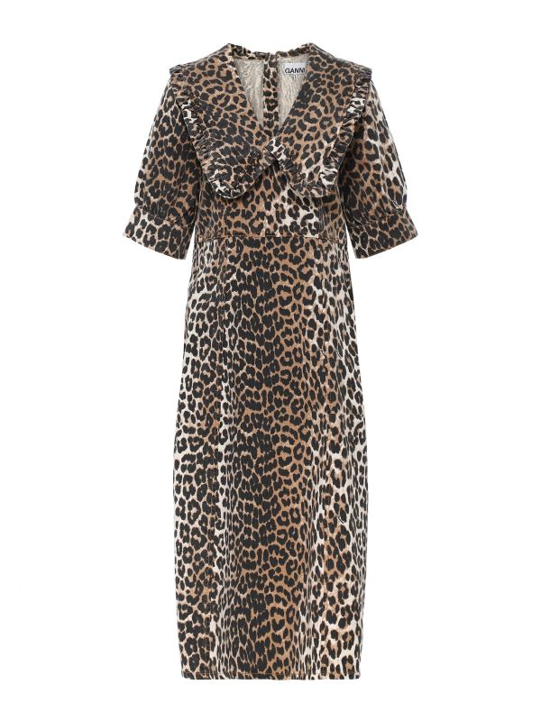 ganni denim leopard dress Ganni Printed Stretch Denim Mini Dress